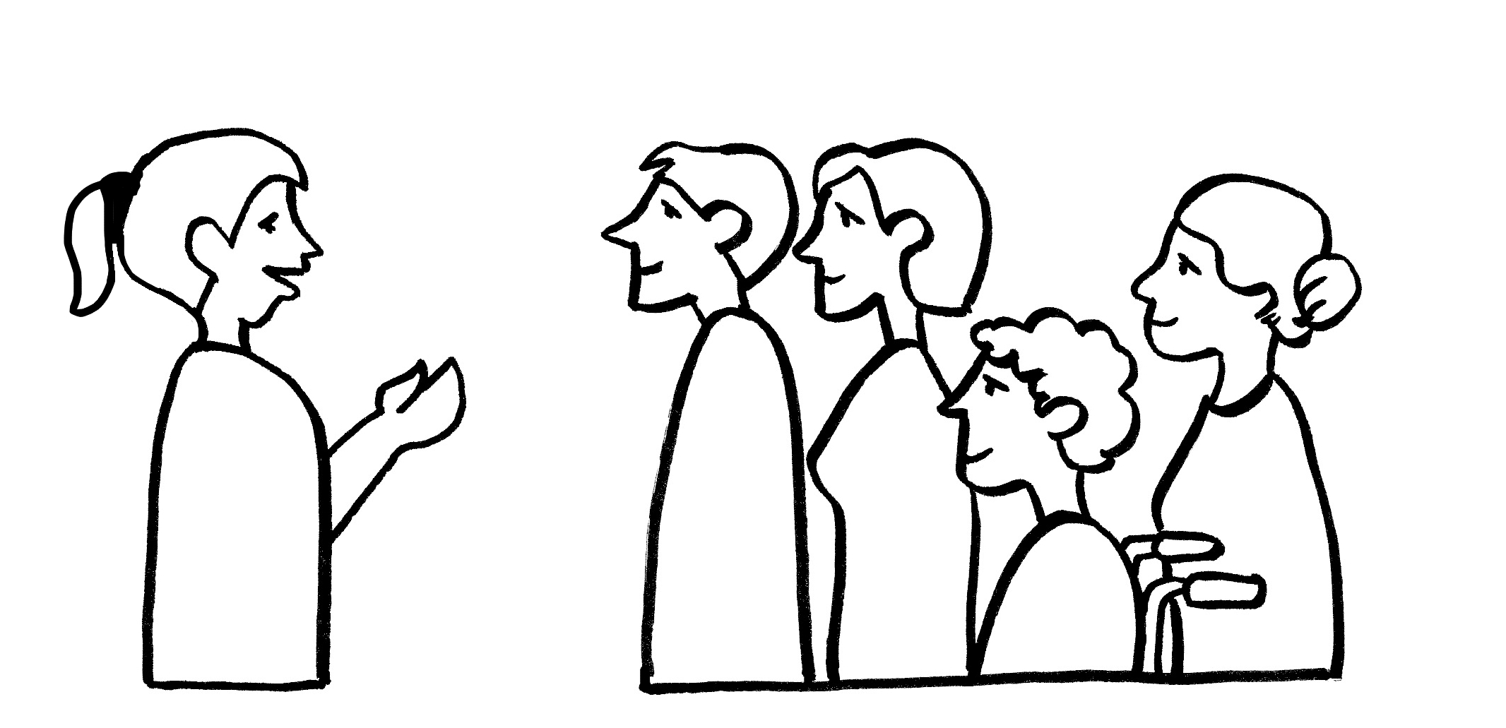 Zeichnung einer Gruppe an Personen vor einer Frau, die eine Führung gibt