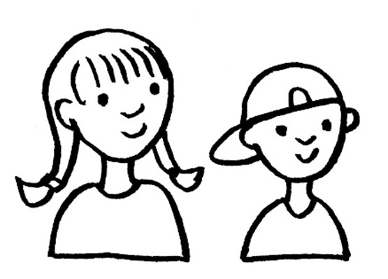 Zeichnung eines Mädchens mit Zöpfen und eines Jungen mit Cappy