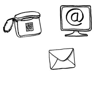 Zeichnungen eines Telefons, eines Computers und eines Briefes